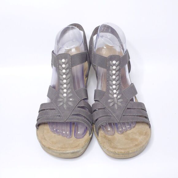 RIEKER Embellished Leather Stretchy Sandals Block Heel Taupe Sz 42 EU 10-10.5 US - Picture 4 of 9